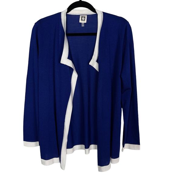 Anne Klein Medium M Blue White Colorblock Trim Open Front Cardigan Sweater Drape - Picture 1 of 7